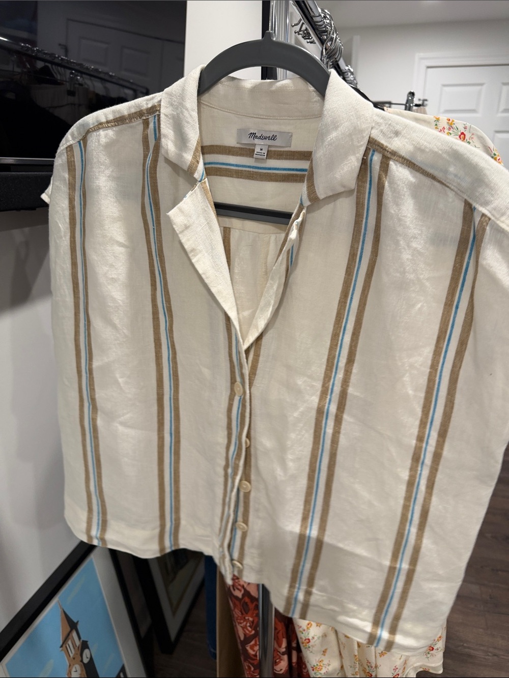 Madewell Cream Short-Sleeve Button-Down with Blue and Tan Stripes